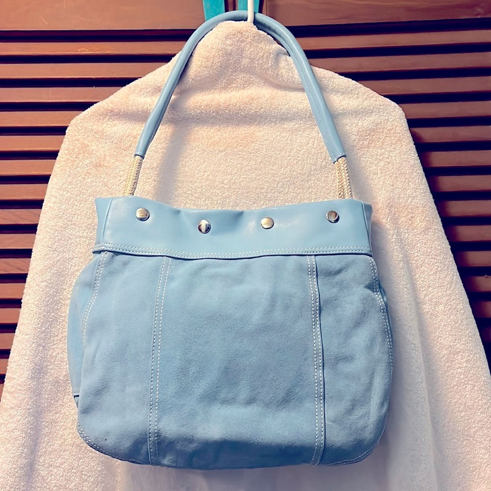 Snap top suede handbag